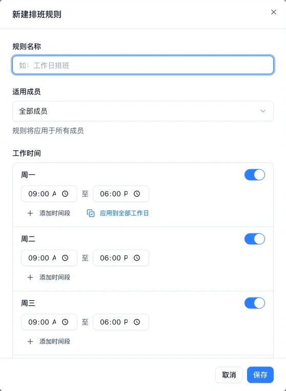 新建排班规则弹窗：规则名称、适用成员、按周一到周三逐日设置的工作时间