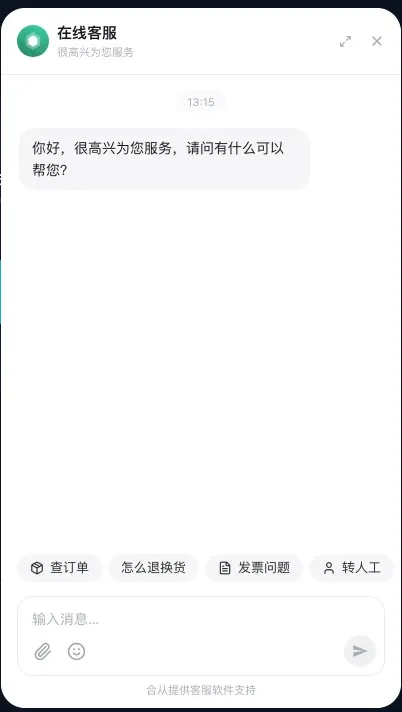 网页上打开的聊天窗：欢迎语、查订单等快捷按钮和输入框