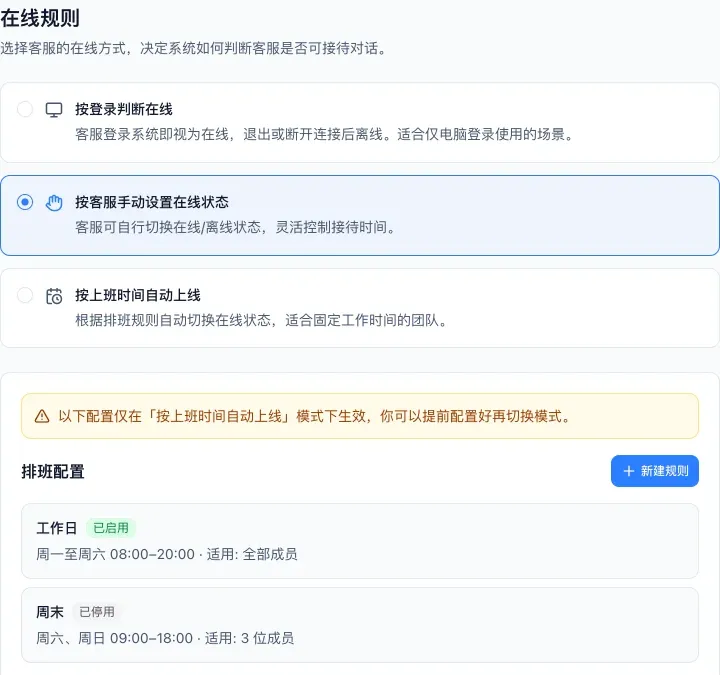 在线规则页，三种在线方式和排班配置里的工作日、周末两条规则