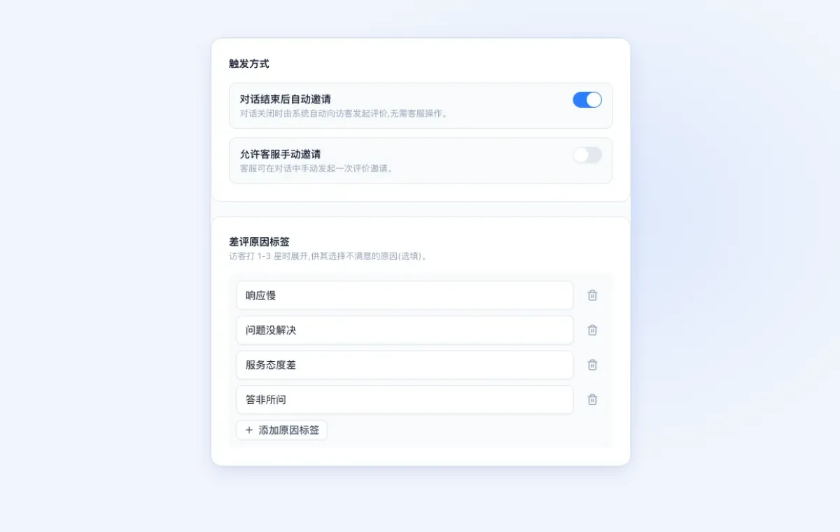 对话评价设置：对话结束后自动邀请、允许客服手动邀请两个开关，以及响应慢、问题没解决、服务态度差、答非所问四个差评原因标签